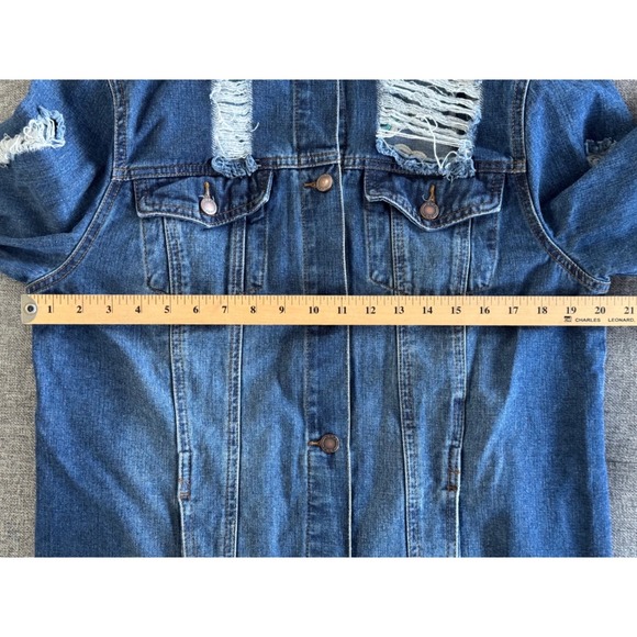 Boom Boom Jeans Distressed Embroidered Floral Denim Jacket Blue Womens Large L - Picture 7 of 8